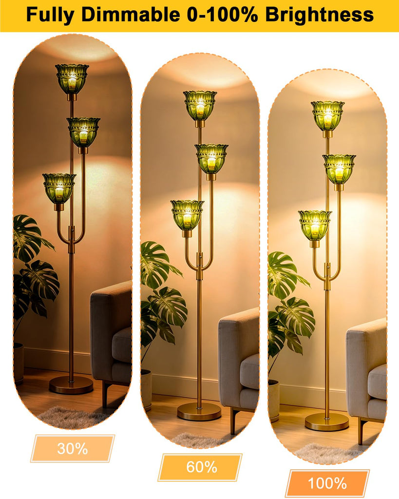 Green Glass Floor Lamp 66IN 3-Light Modern Gold Dimmable Tree Floor Lamps