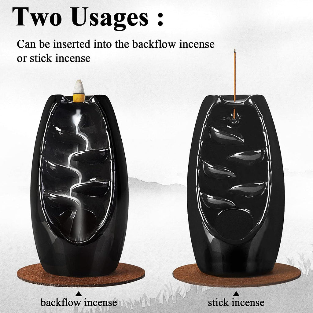 Ceramic Backflow Incense Holder Waterfall Incense Burner, Black - Set of 152