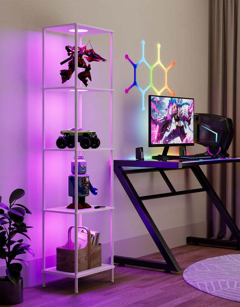 Display Shelf with RGBCW Light, Color Changing Curio Cabinet Floor Lamp with Shelves Corner Standing Column Lamp