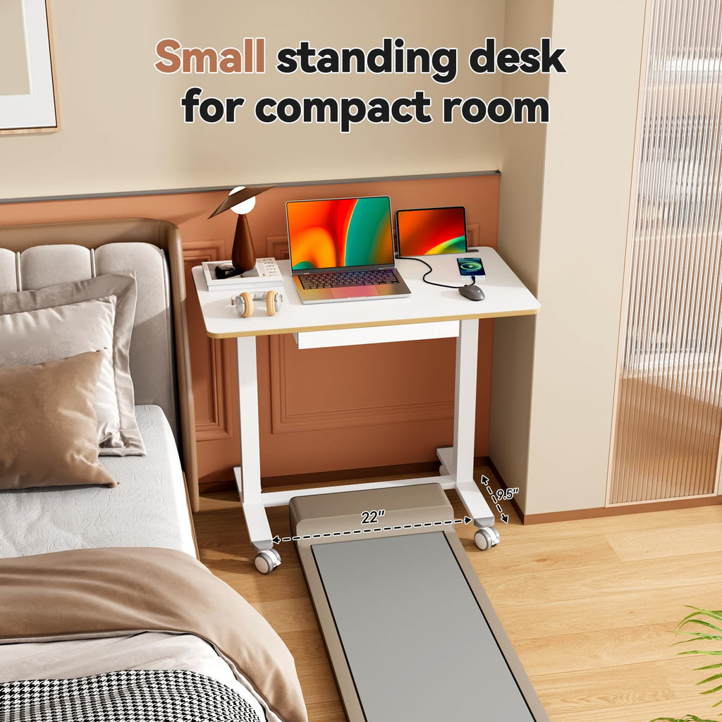 Mobile Standing Desk with Drawer, Height Adjustable, 35" White
