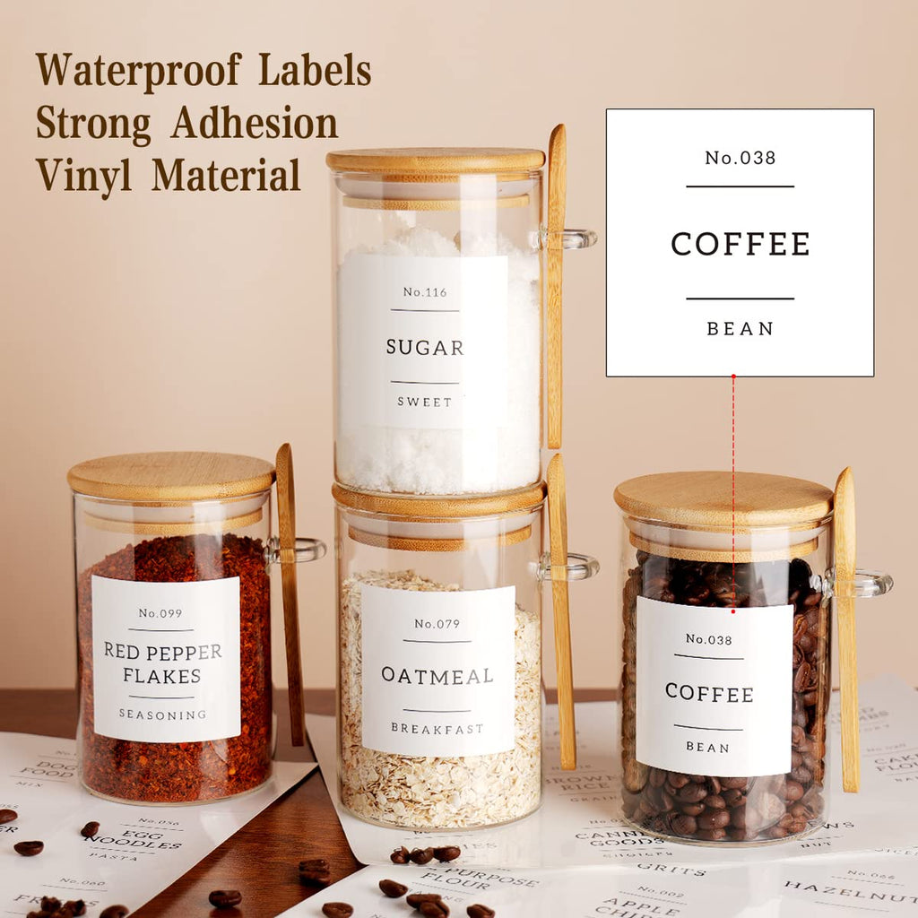 Glass Jar with Bamboo Lid and Spoon - 4 Pcs 17 oz Sugar Container with 132 Food Pantry Labels - Glass Containers with