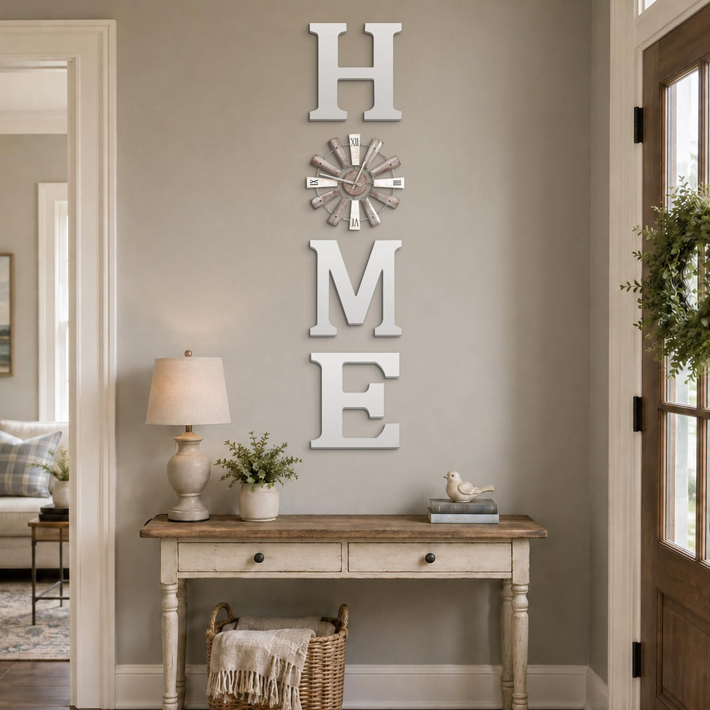 Farmhouse Home Signs with Windmill Clock Wall Decor Rustic Home Letters Wall Art Kitchen Entryway Dining Room Bedroom