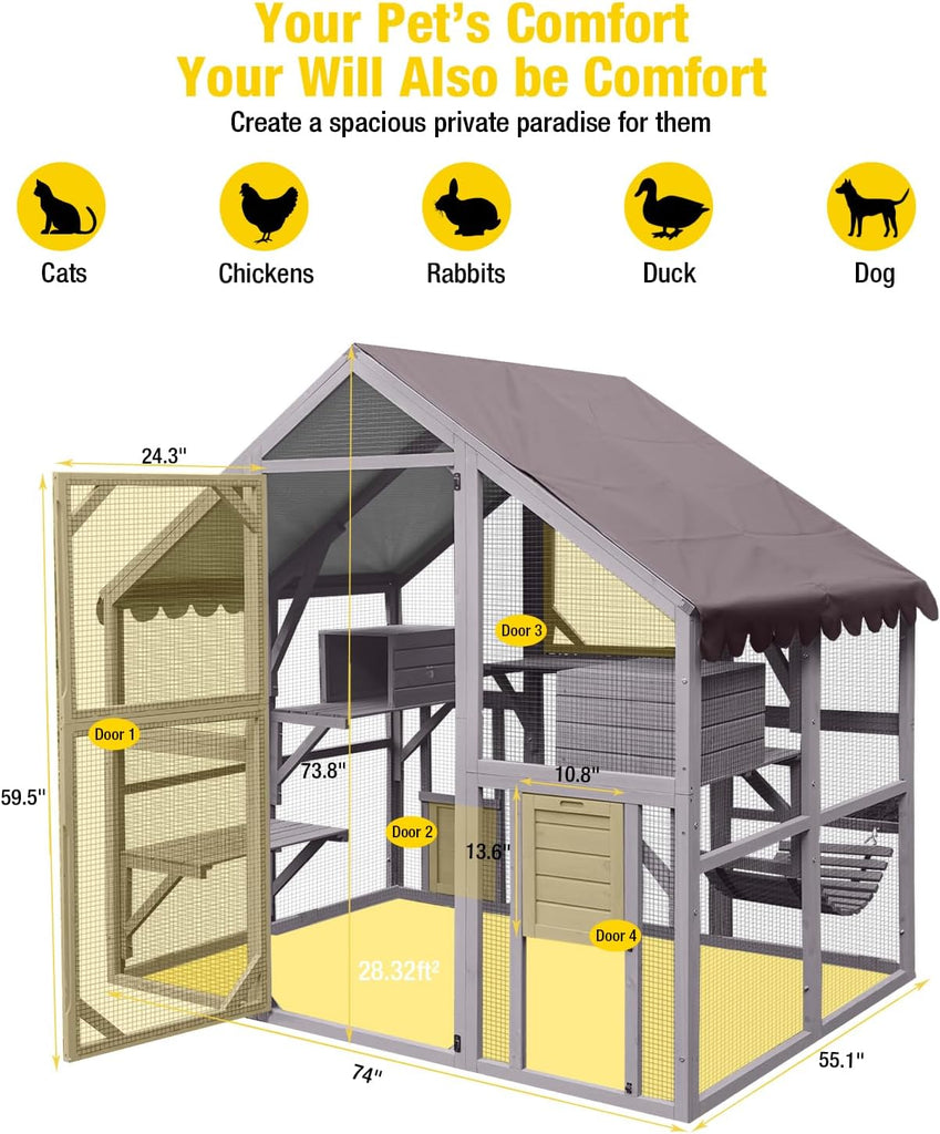 Large Cat House Catio Outdoor Cat Enclosure, 28ft2 Weatherproof Wooden Kitty Condo with Run, Extra Large Cattery