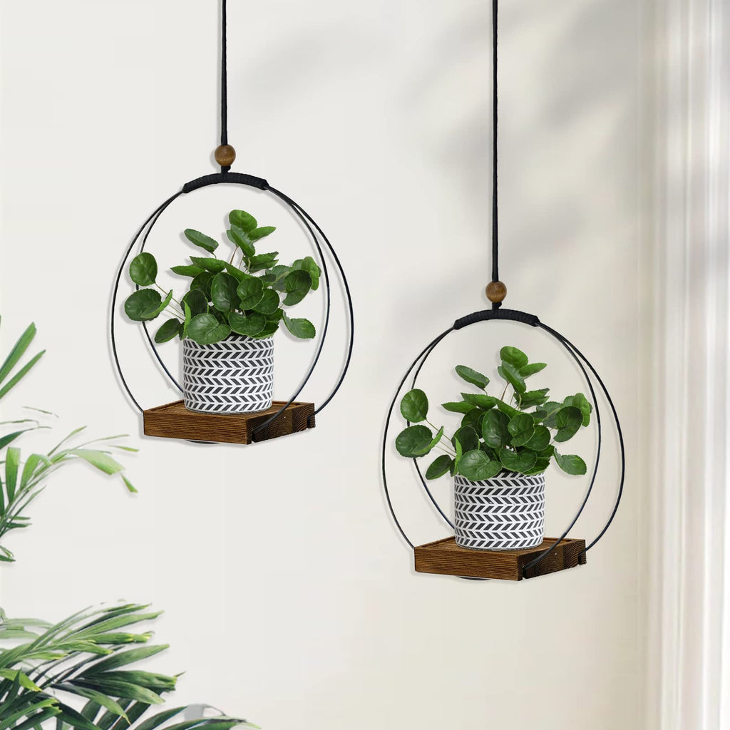 2 Pack Hanging Planter for Indoor Plants, Black Plant Hanger with Sturdy Wood Base, Modern Boho Macrame Hanger, Wall