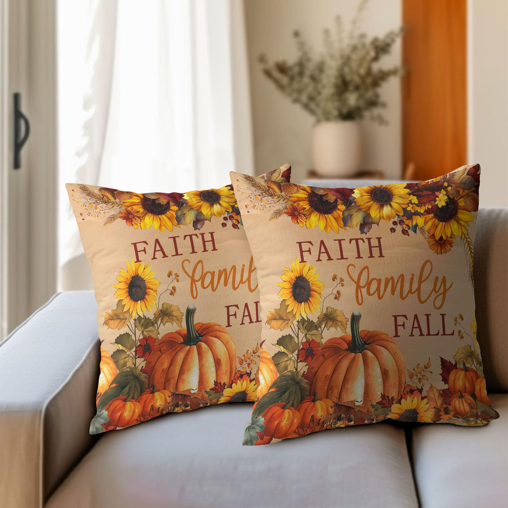 Faith Family Fall Pumpkin Pillow Covers 12x12 Inches Autumn Sunflowers Throw Pillow Case Set of 2 Pillows Cotton