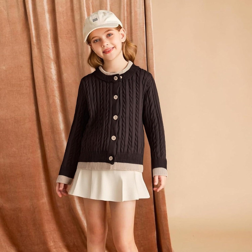 Girls Fake Two-Piece Cardigan Cable Knit Sweater Kids Cute Coat