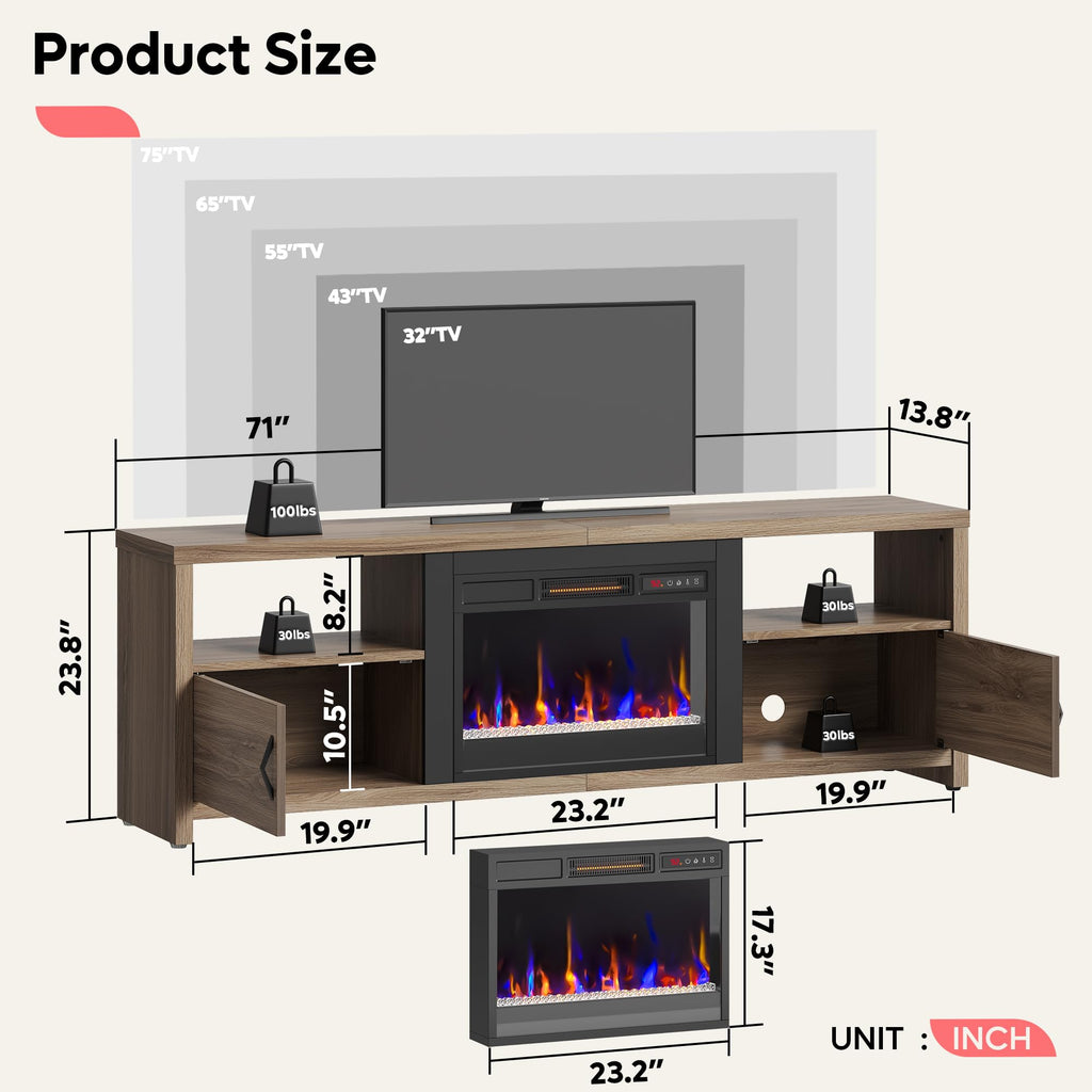 70 Inch for 75" TVs, Modern Entertainment Center with LED Lights, Storage Cabinets and Adjustable Shelves, Pinewood