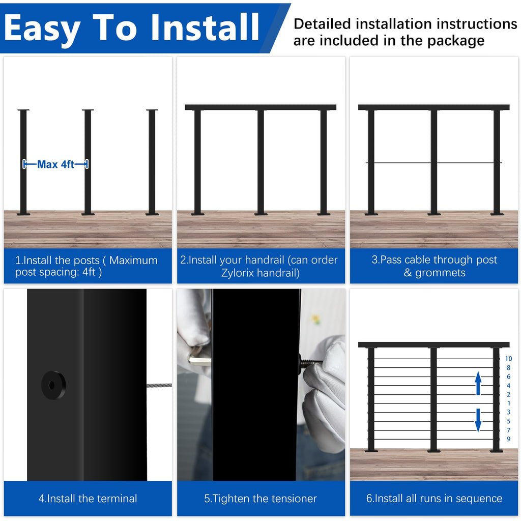 36" Modular 12-16FT Cable Railing Post Kit for Deck Surface Mount