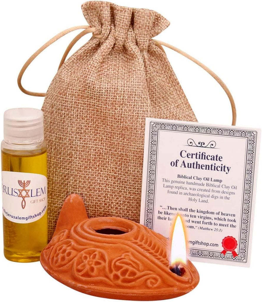 Biblical Herodian Clay Oil Lamp with Bethlehem Olive Oil - Authentic Holy Land Replica with Gift Bag & Certificate