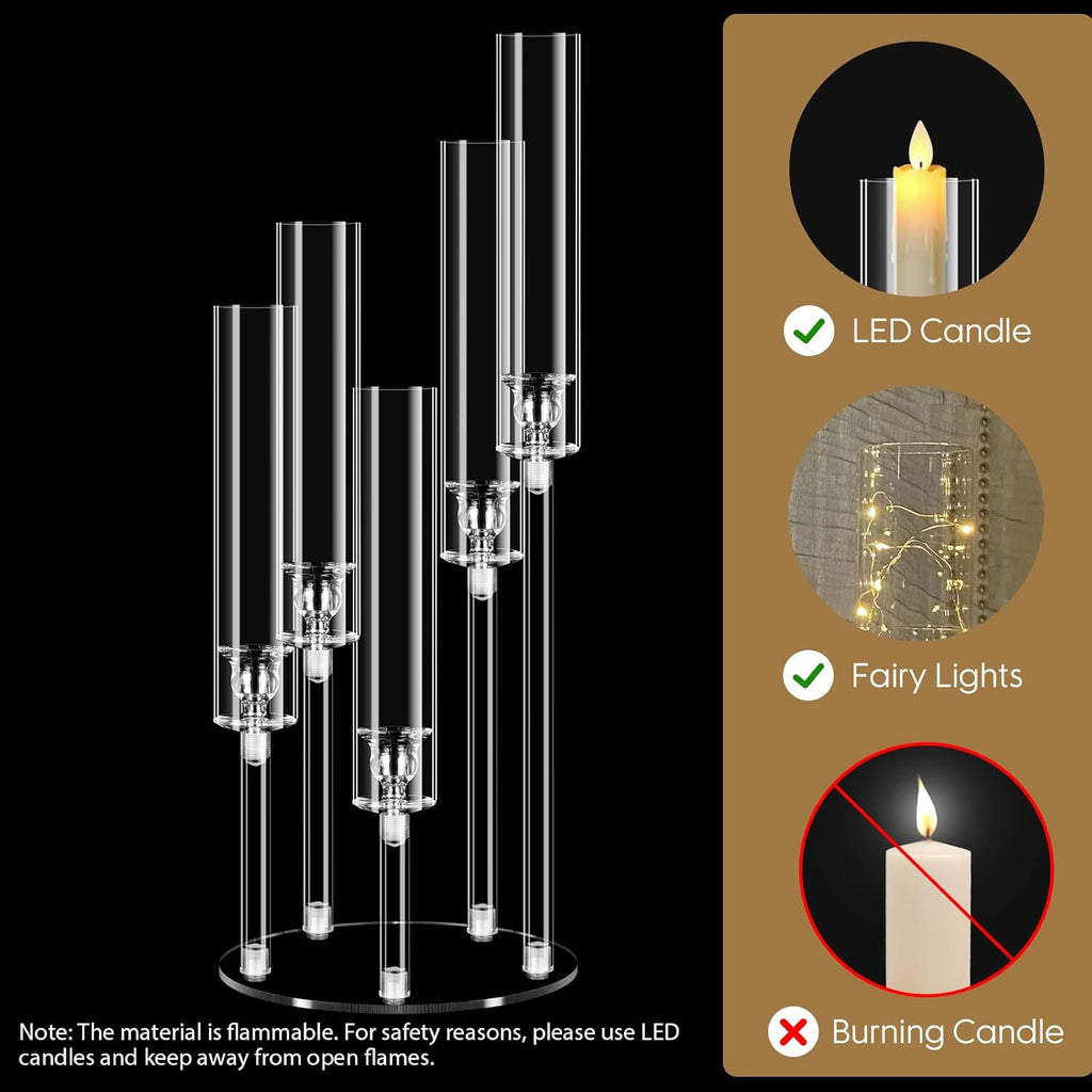 6 Sets 5 Arms Acrylic Candelabra Centerpieces for Tables,Clear Candle Holder,Ceremony Dinner Party, 22.8" Tall