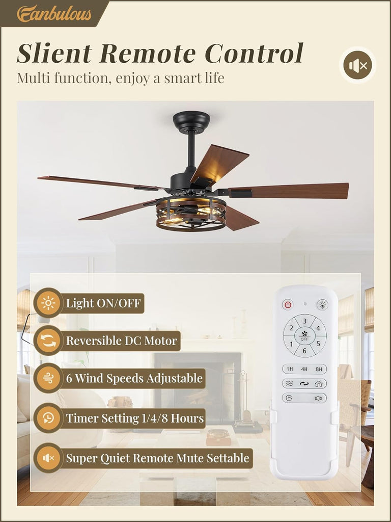 Farmhouse Ceiling Fans with Light, 48 Inch Bedroom Ceiling Fan with Lights, 6-Speed Adjustable
