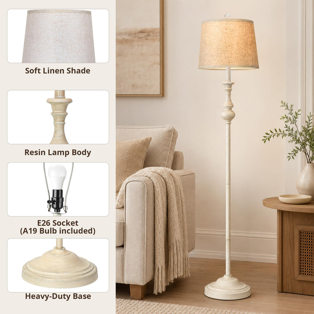 Farmhouse Floor Lamp, 62" Tall Rustic White Lamp