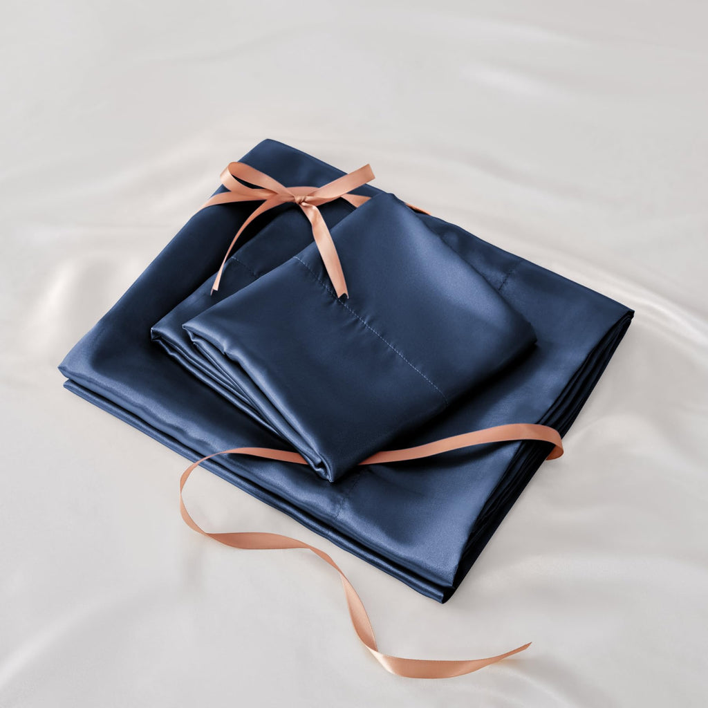 Satin Sheets King Size Bed Set, Navy, 4 Pieces