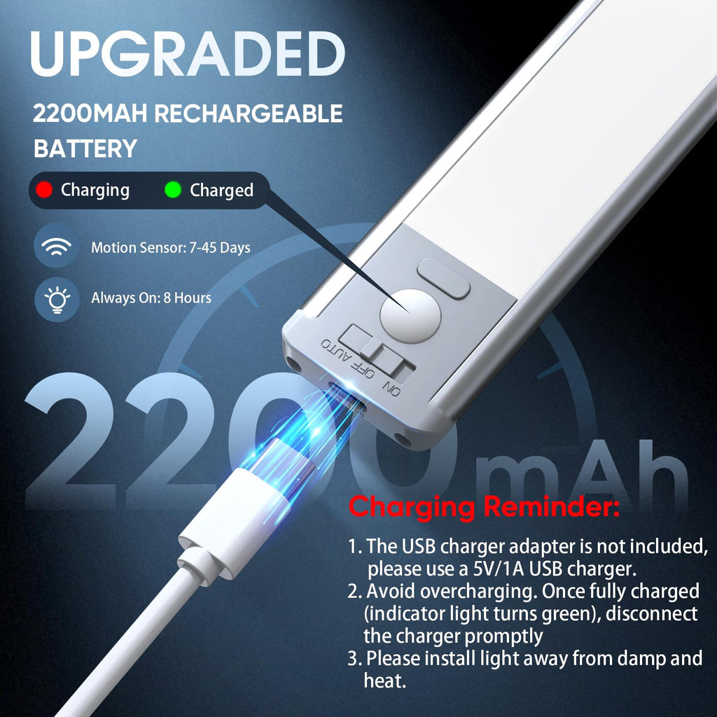 14.7inch Under Cabinet Lighting, 2 Pack Rechargeable Motion Sensor Light Indoor, 5 Levels Dimmable Magnetic Closet