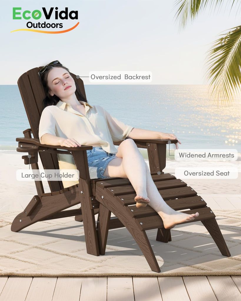 HDPE Folding Adirondack Chair with Cup Holder, Coffee | All-Weather Upgraded, Premium Wood Grain Texture,380lbs