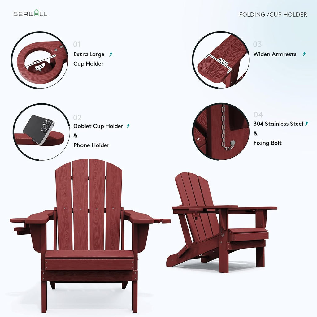 Outdoor Adirondack Chair Set of 2 with 2 Cup Holders,Foldable,Red | HDPE Composite,Waterproof,Wood Grain,Cup & Phone
