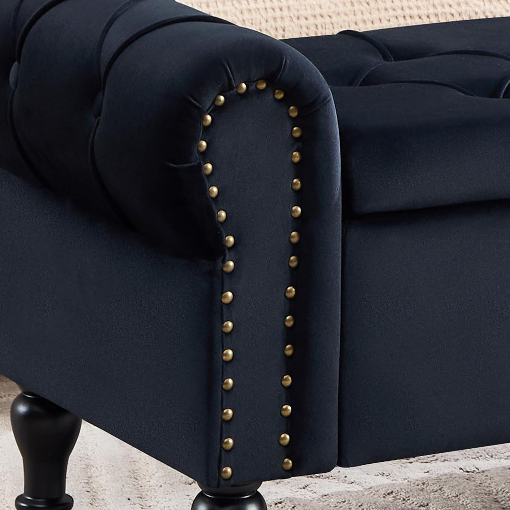 Storage Bench 51" Velvet End of Bed Benches Black | Queen Size Storage Bench with Rolled Arms Tufted Ottoman Benches