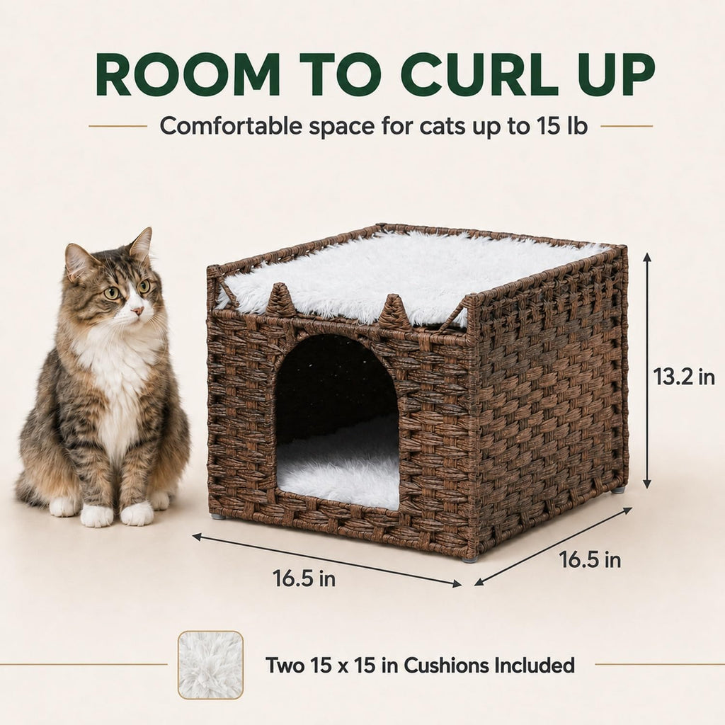Handwoven PE Rattan Cat Bed with Ears, 2-Level Indoor Cat Cave House with 2 Removable Cushions, Foldable Hideaway