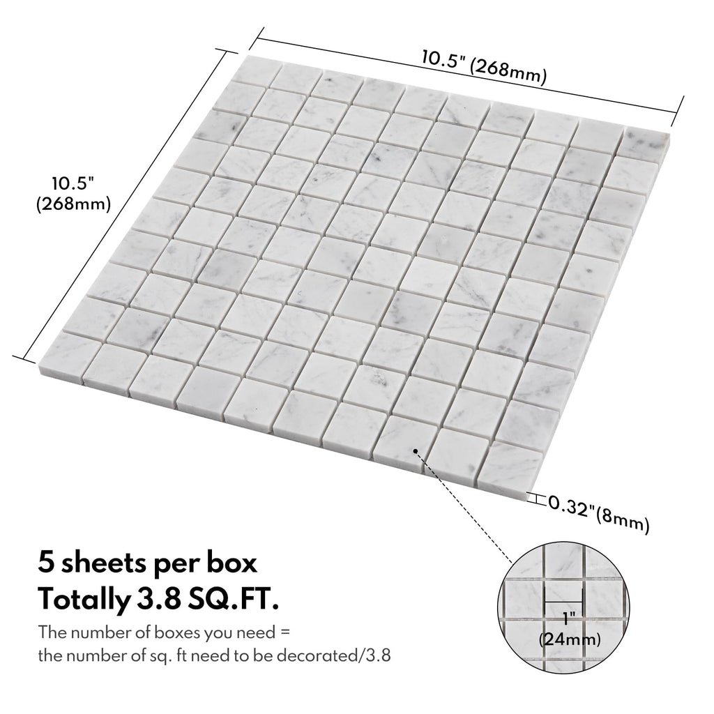 Carrara White Marble Stone 1 Inch Square Italian Bianco Carrera Marble Mosaic Tile Wall Bathroom Shower Floor (5