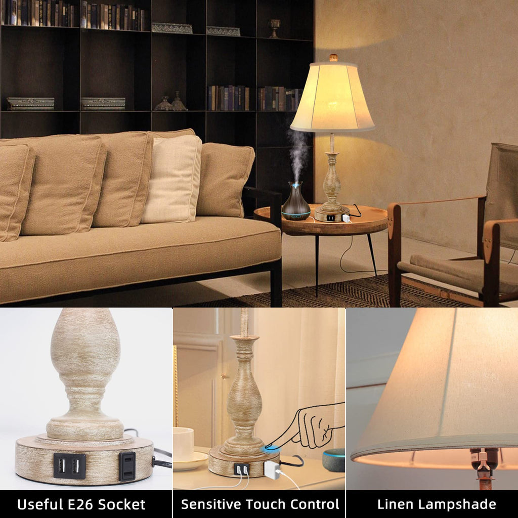 Farmhouse Table Lamp Touch Control 3-Way Table Lamp with USB Charge