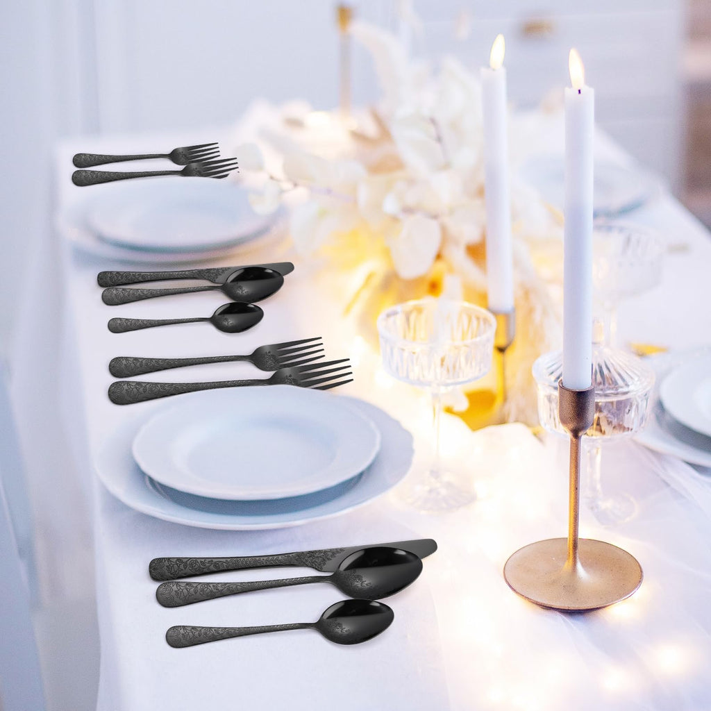 Floral Flatware Set Black for 6 Stainless Steel Silverware 30 Piece Cutlery Unique Eating Utensils Tableware Stylish