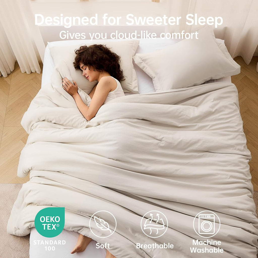 Queen Comforter Set Beige, 3 Piece Solid Bedding for All Seasons