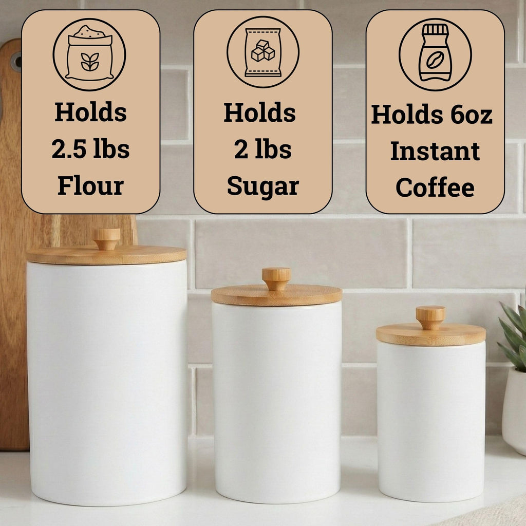 Ceramic Kitchen Canisters for Countertop Set of 3 w/ Airtight Bamboo Lids
