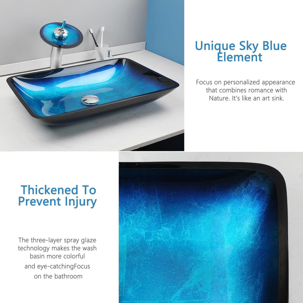 22" Blue Bathroom Vessel Sink,Rectangle Tempered Glass Washing Sink Bowl with Faucet And Drain, Artistic Bowl Sinks