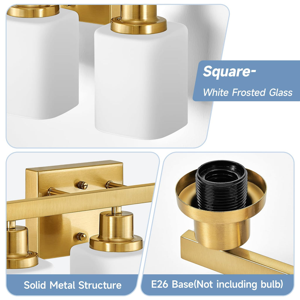 Bathroom Vanity Light, 3-Light Gold Modern Bathroom Light Fixtures with Square Frosted Glass, Gold Wall Lamp Sconces