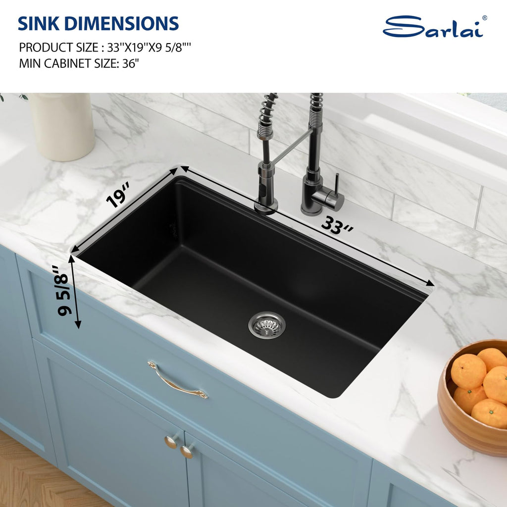33 Granite Composite - 33 x 19 inch Black Undermount Granite Sink Ledge Workstation Matte Black Granite Composite
