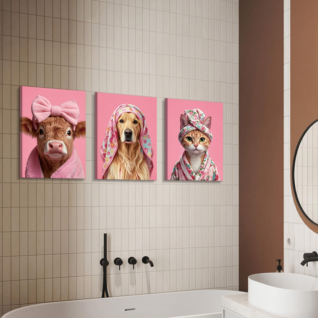 3 Piece Pink Bow Highland Cow Bathroom Wall Art, Cute Japan Cat Art Decor