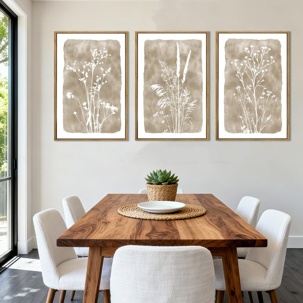 Beige Neutral Floral Canvas Wall Art 16x24 Inch Framed Brown Botanital Wall Decor Large Rustic Farmhouse Wildflower