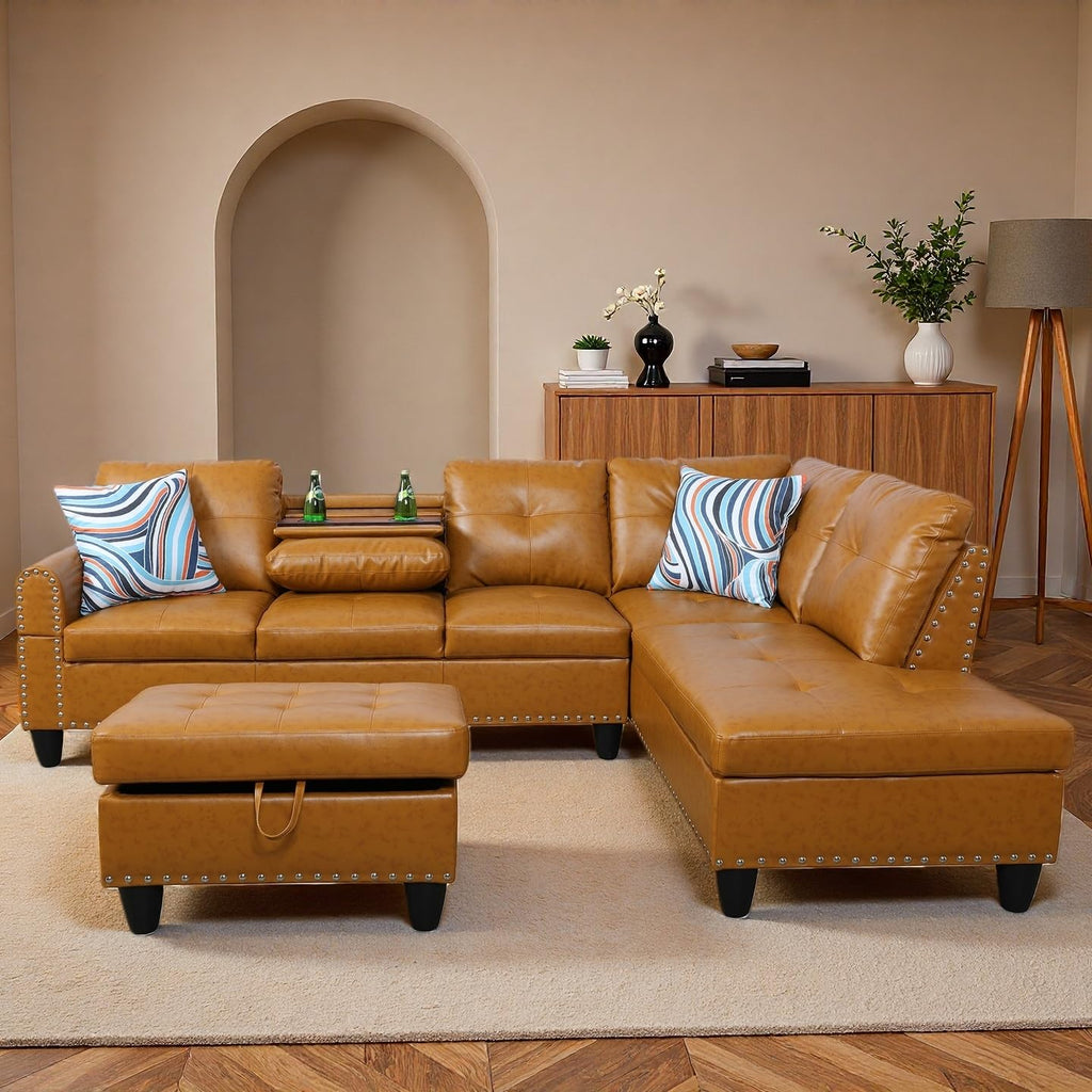 Leather L-Shaped Couch Set, 97.5"L x 69.5"W Sectional Sofas Ginger