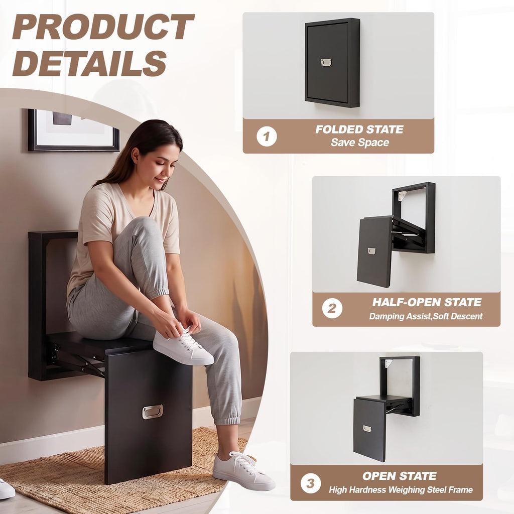 1 Pcs Wall Mounted Folding Chair, Modern Entryway Shoe Changing Stool, 330lbs Capacity, Extra-Wide Seat, Invisible
