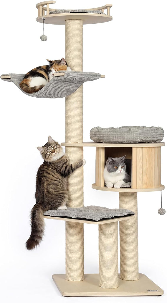 69'' Modern Cat Tree for Large Cats, Wood Cat Tree Tower with Scratching Posts, Multi-Level Cat Tree with Cozy