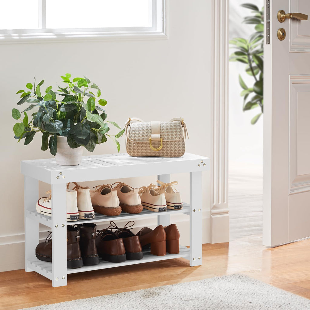 3 Tier Bamboo Shoe Rack Bench, White