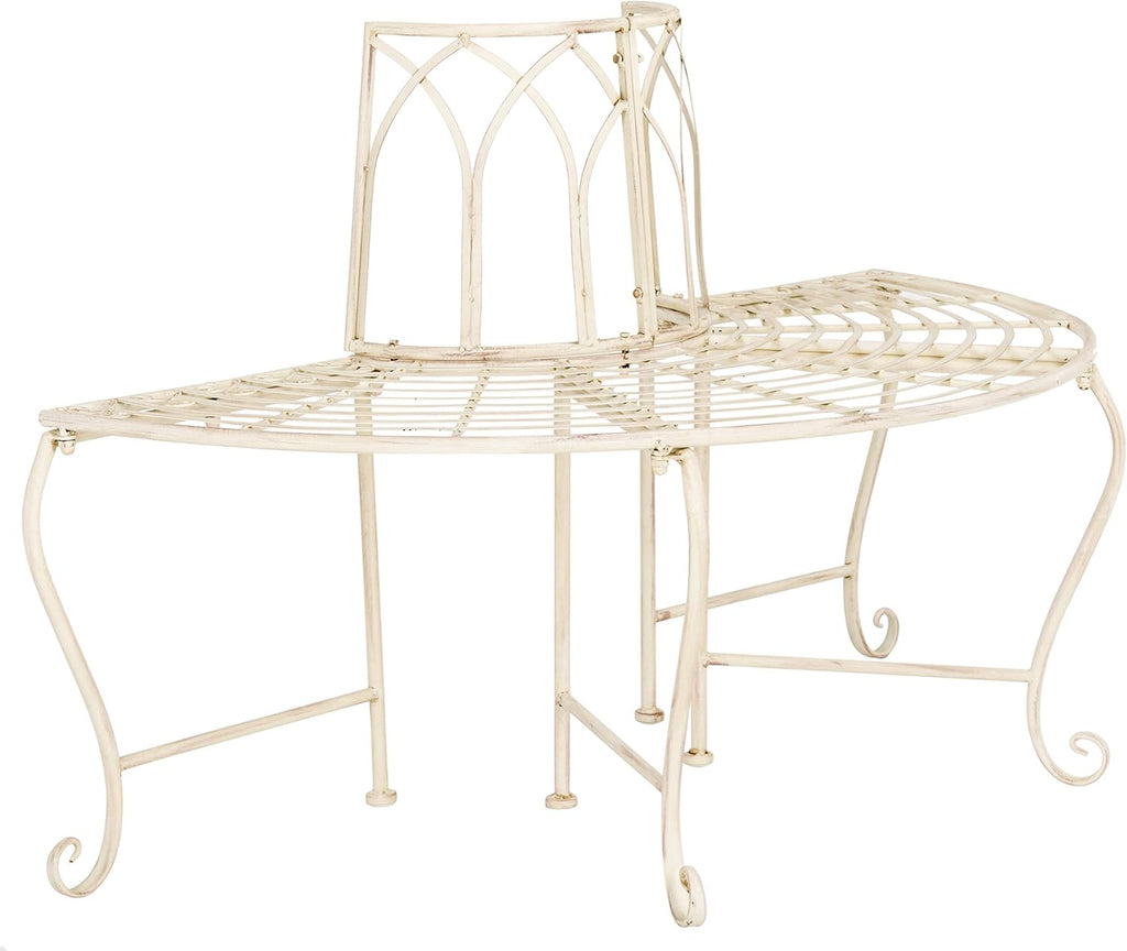 Outdoor - Abia Iron Tree Bench - Distressed White Iron Metal - Vintage Scrollwork Garden Design - Ideal , Deck