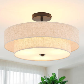 Modern Semi Flush Mount Ceiling Light 18" Modern 3-Lights Black Drum Ceiling Lighting Fixture with Linen Shade