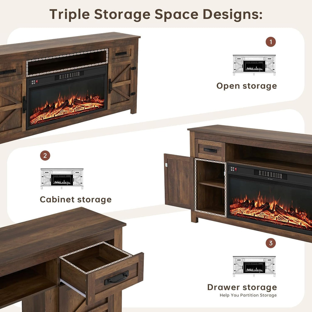 Fireplace TV Stand with Barn Door, 70 inch, Walnut