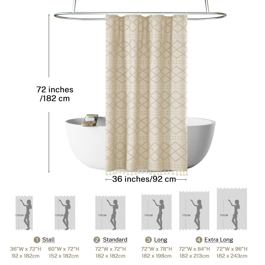 Small Stall Boho Shower Curtain Cream/Beige Tassle Woven Fabric Shower Curtain 36 x 72 Half Size Tufted Chevron