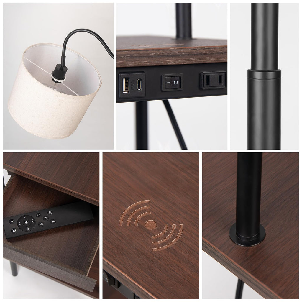 Floor Lamp with Table Industrial Rustic End Table, Industrial Floor Lamp with USB Wireless Charging Port&Charging