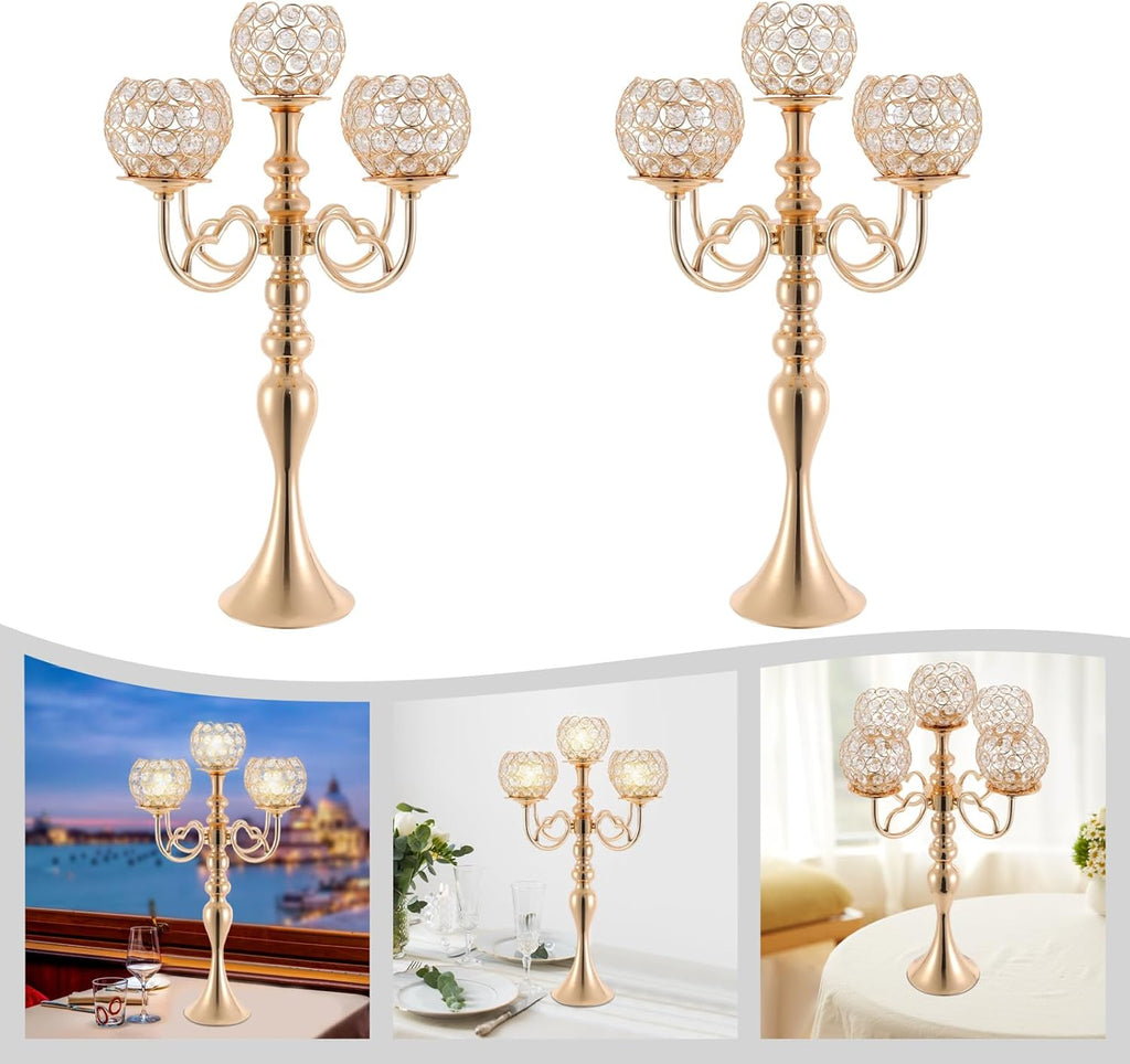 2 Pack Gold Candelabra Centerpiece 5 Arms with Crystal Pendant 21.5 Inch Tall Floor Crystal Chandelier Crystal Beaded
