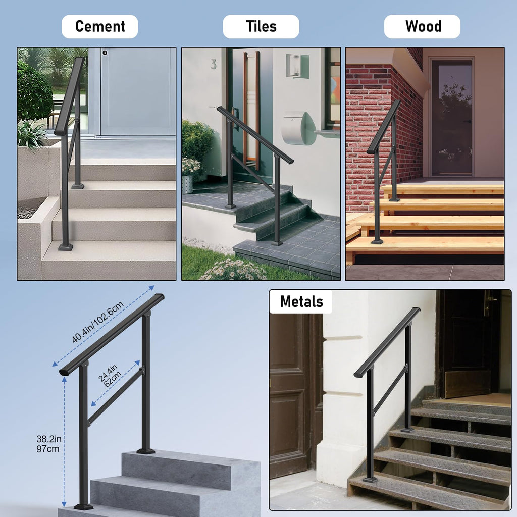 Outdoor Handrails for 4-5 Steps, Stair Railing Kit for Concrete & Porch Steps, Adjustable Black Iron Hand Rail for
