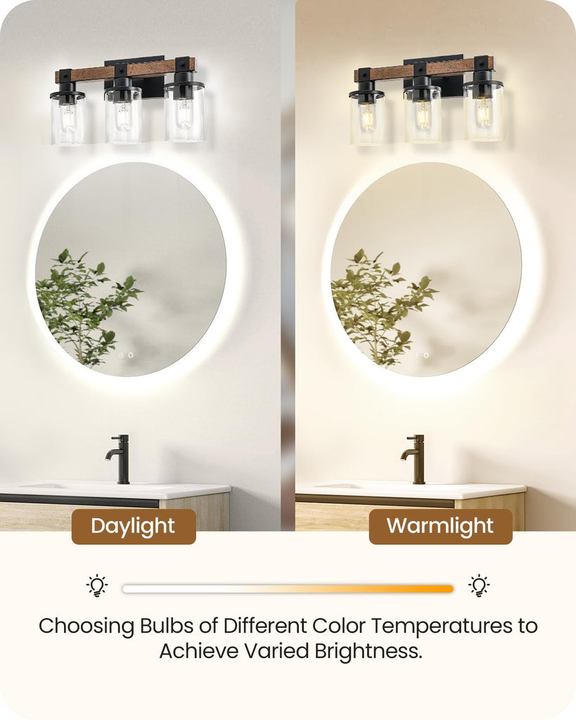 3-Light Bathroom Light Fixture, Farmhouse Vanity Lights with Glass Shade, Rustic Bathroom Light Fixtures, E26 Base