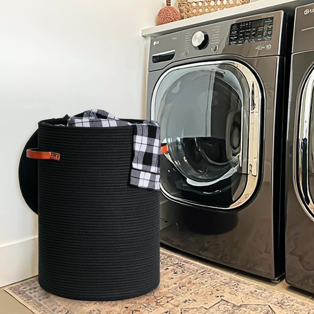 Large Woven Laundry Basket with Lid & Leather Handles, 60L, Black | 15" x 20" Tall Laundry Hamper, Storage Basket for