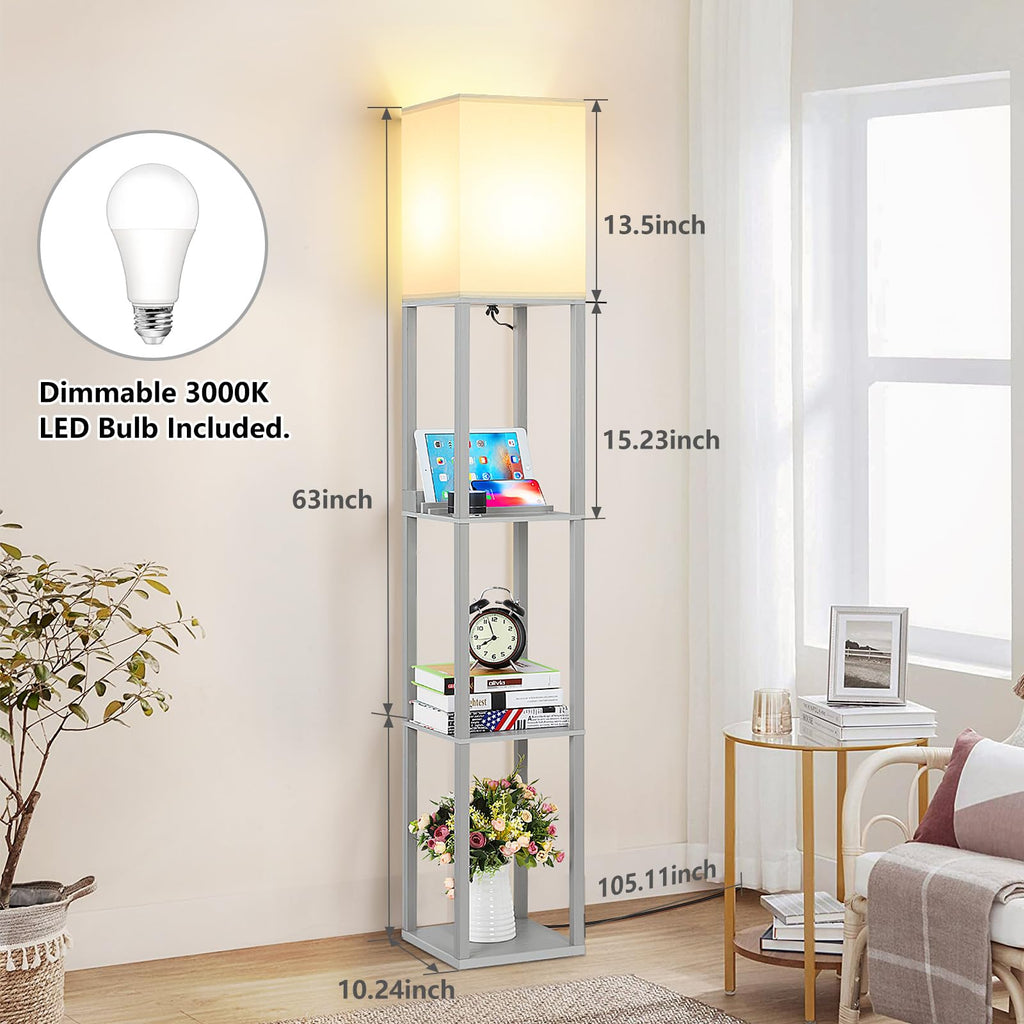 LED Shelf Floor Lamp, Modern Touch Control Dimmable Standing Lamp with 2 USB Ports and 1 Power Outlet, Corner Tall