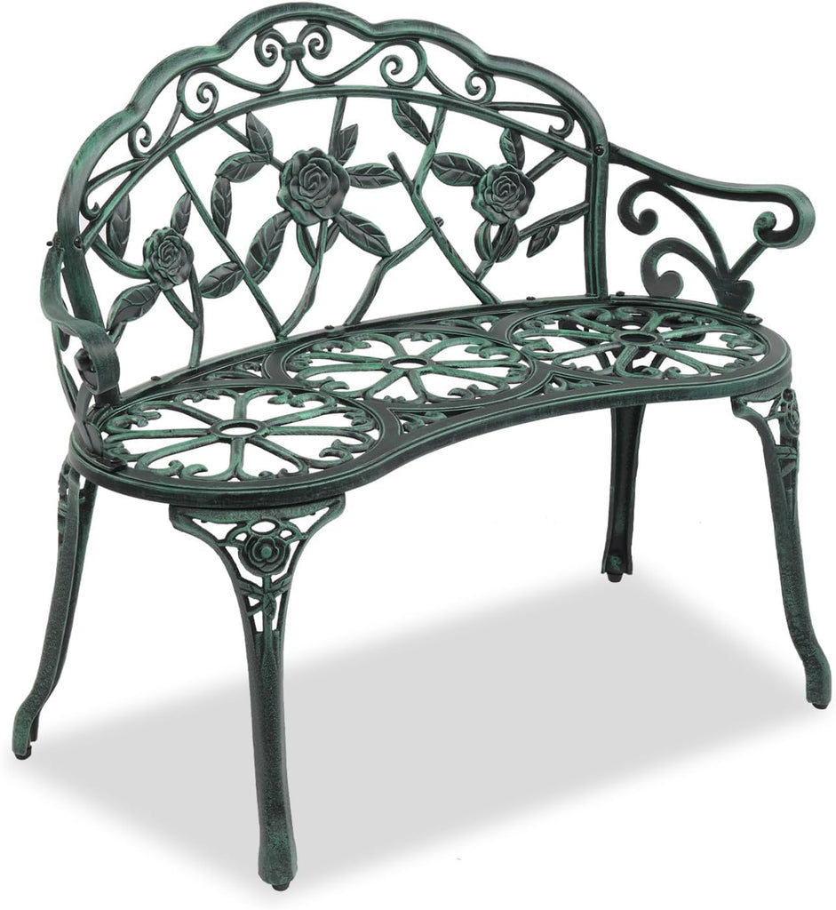 Outdoor Metal Patio Bench, Vintage Porch Bench with Rose Pattern and Curved Legs, Weather Resistant Garden Chair for