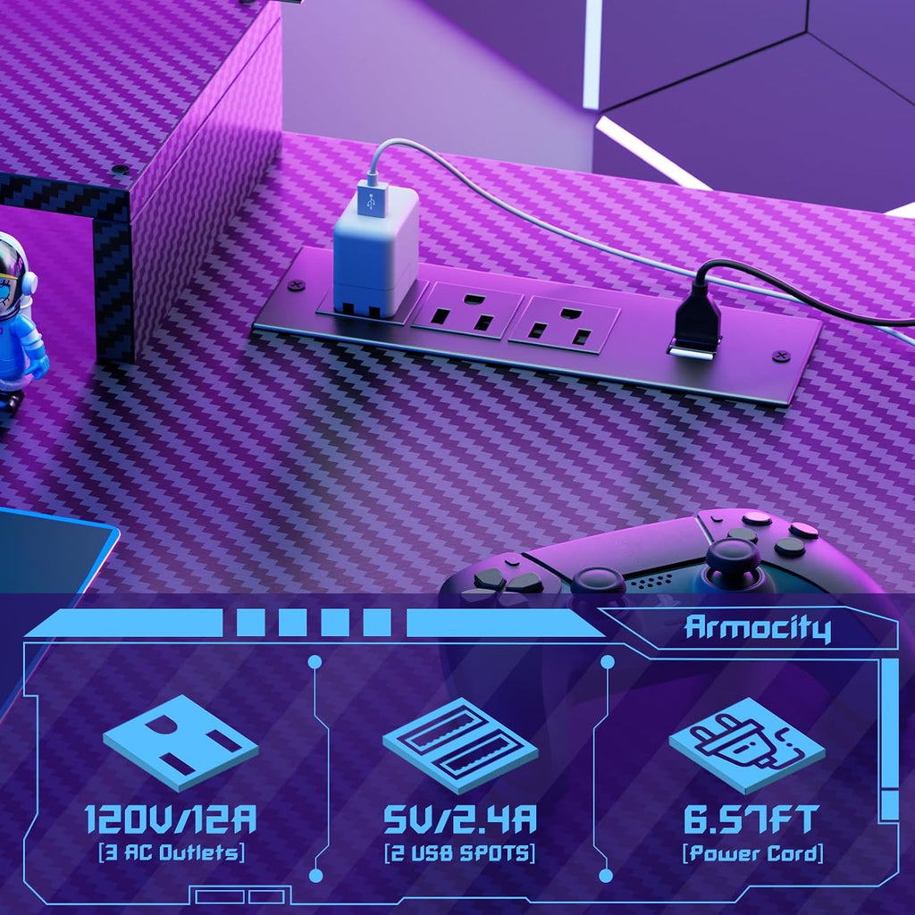 Gaming Computer Desk with Shelves and Outlets, Gaming Desk with Hutch and LED Lights, Reversible PC Gaming Desks with