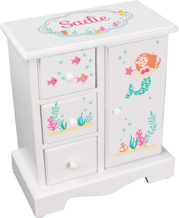 Personalized Jewelry Box Amoire Tall Wood Organizer Chest for Girls | Birthday Gift for Girls (Little Mermaid)