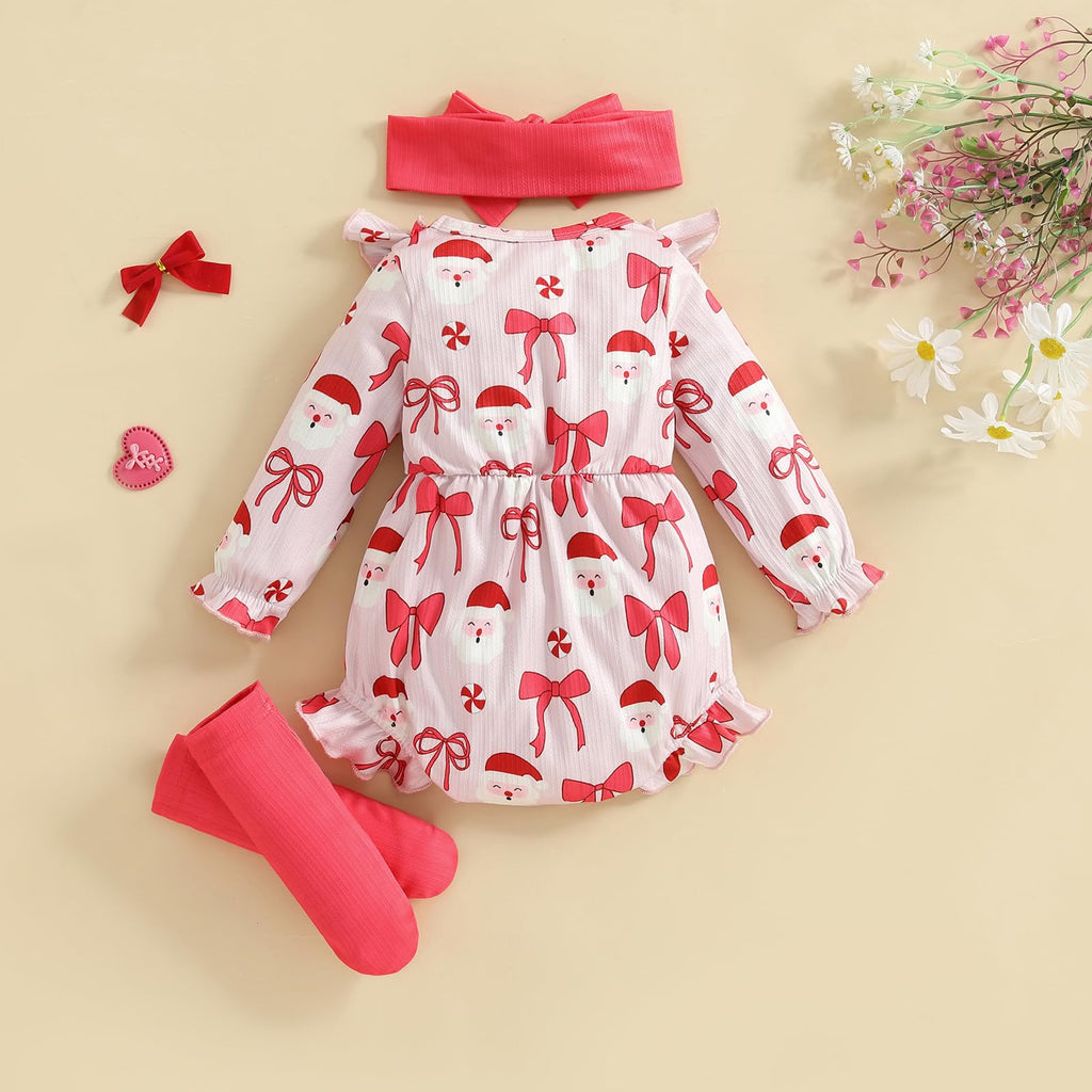 My First Christmas Baby Girl Outfit Newborn Santa Bow Ruffle Onesie Infant Long Sleeve Romper Fall Winter Clothes (B